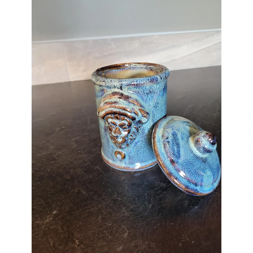 Blue‎ Drip Glaze Lion Face Lidded Jar Medieval Heraldic Decor Stoneware Canister